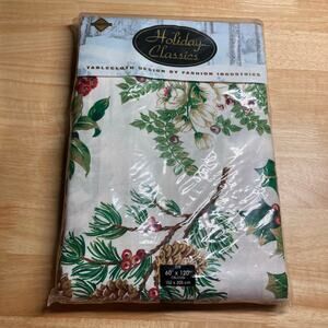 Vintage Fashion Industries Oval 60" x120" Christmas Tablecloth Winter Botanical